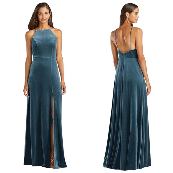 LOVELY Velvet Halter Maxi Gown with Slit in Dutch Blue - Picture 1 of 10